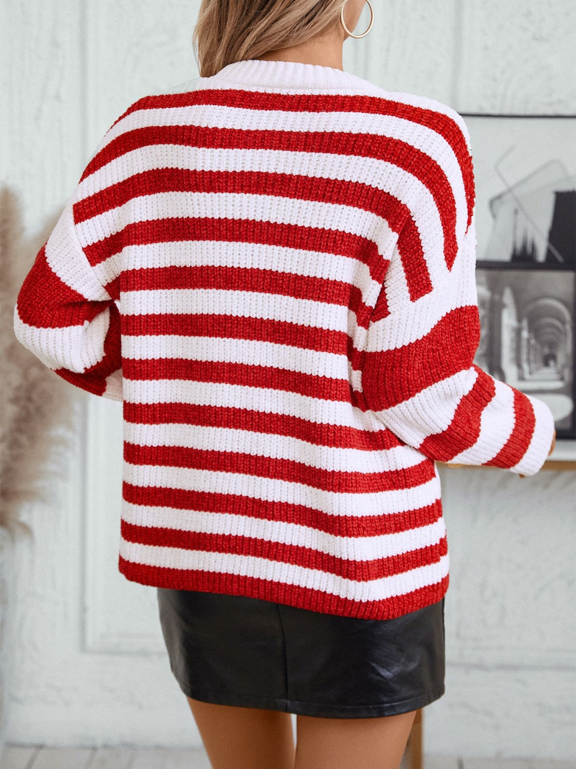 Striped Round Neck Long Sleeve Sweater-Angel Casuals