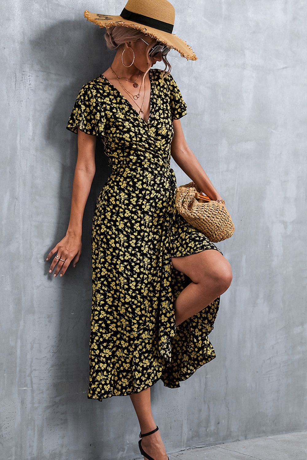 Floral Surplice Neck Tied Midi Dress-Angel Casuals