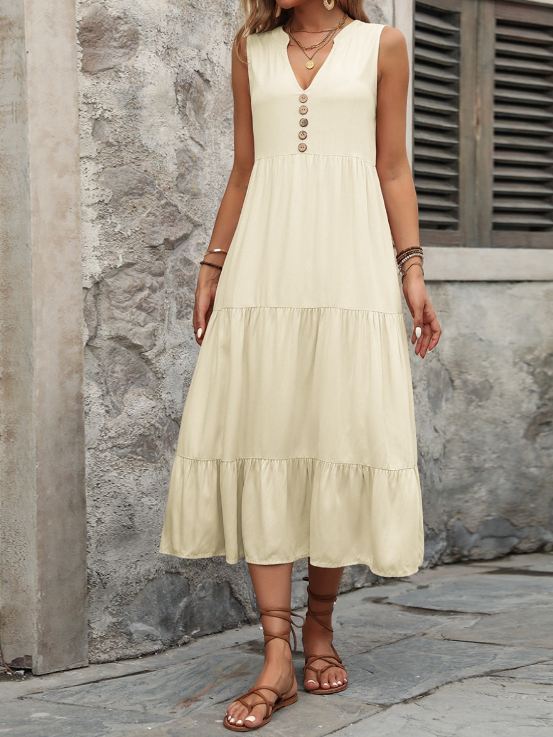 Decorative Button Notched Sleeveless Dress-Angel Casuals