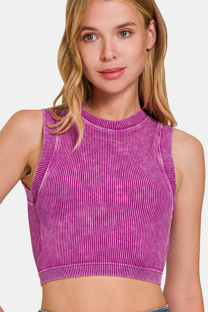 Zenana Washed Ribbed Seamless Crop Tank with Bra Pad-Angel Casuals