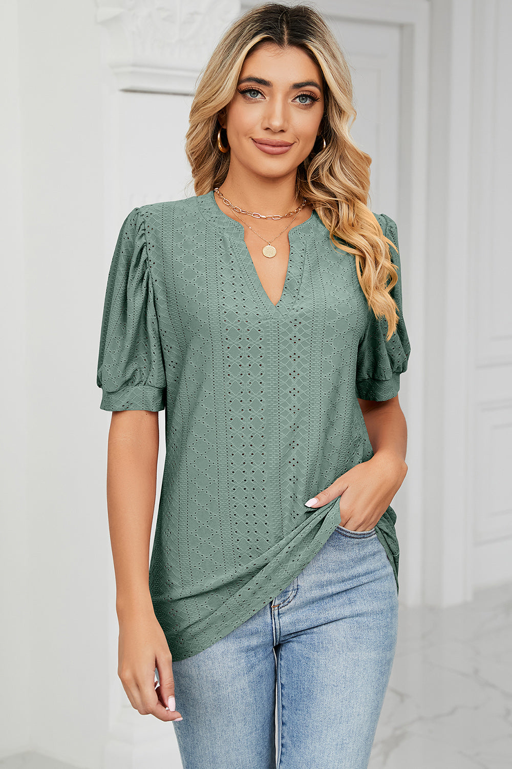 Eyelet Notched Short Sleeve T-Shirt-Angel Casuals