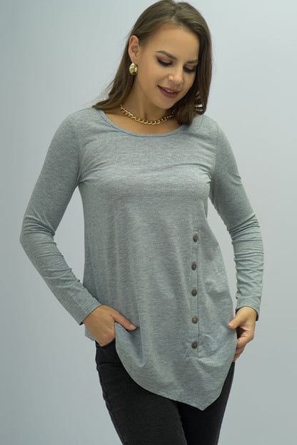 Buttoned Long Sleeve Round Neck Tee-Angel Casuals