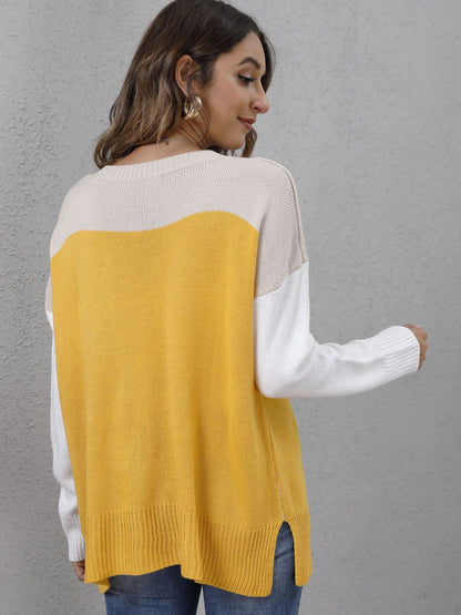 Color Block Round Neck Sweater-Angel Casuals