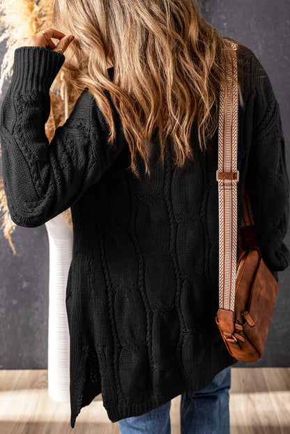 Cable-Knit Dropped Shoulder Slit Cardigan-Angel Casuals