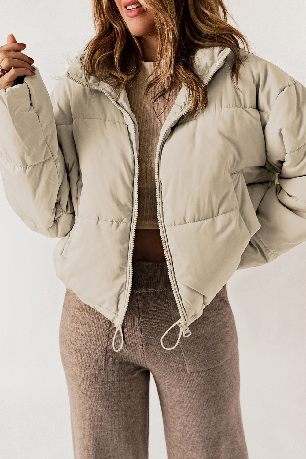Zip Up Collared Neck Long Sleeve Winter Coat-Angel Casuals