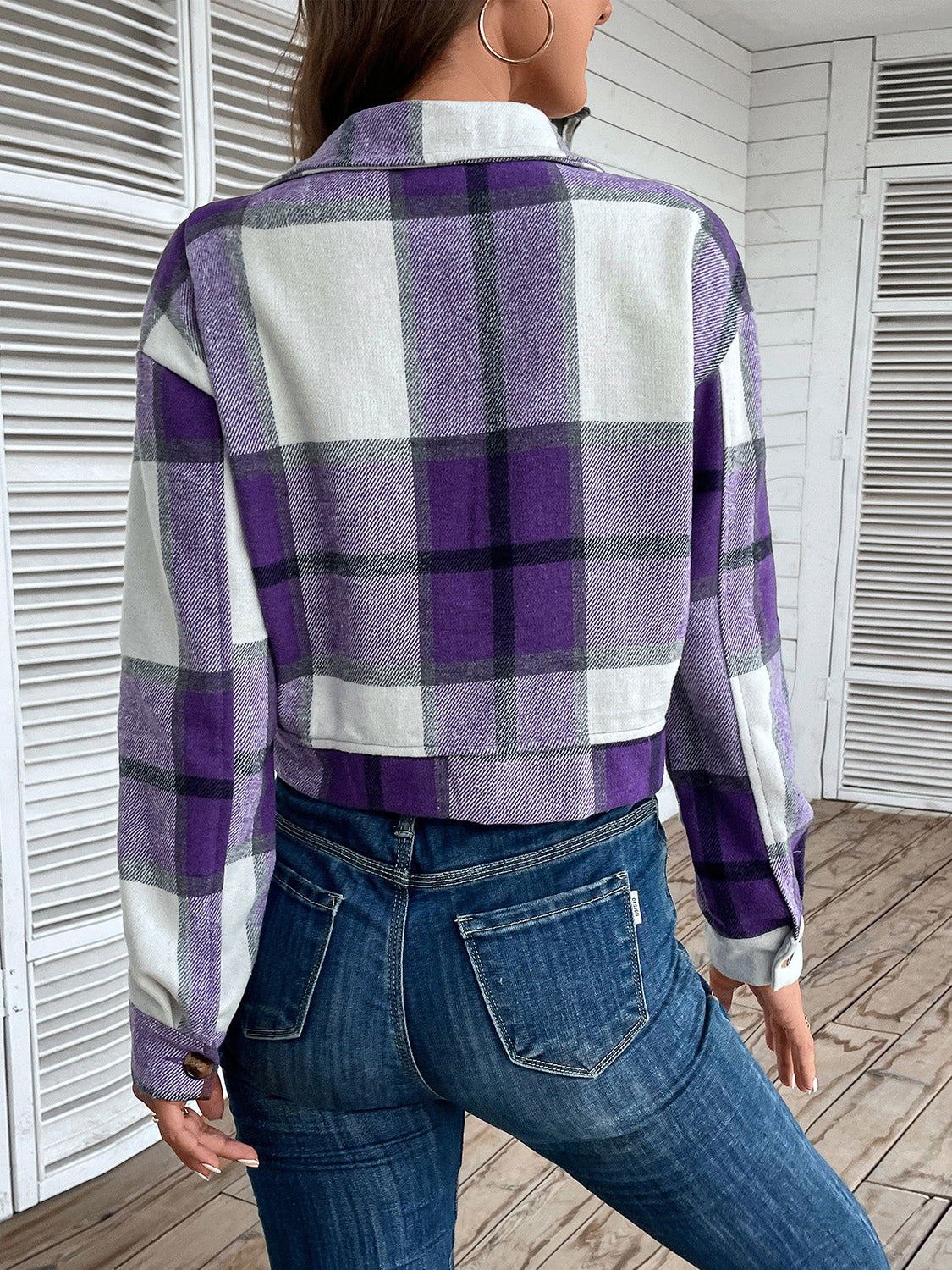 Perfee Plaid Button Up Drop Shoulder Cropped Jacket-Angel Casuals