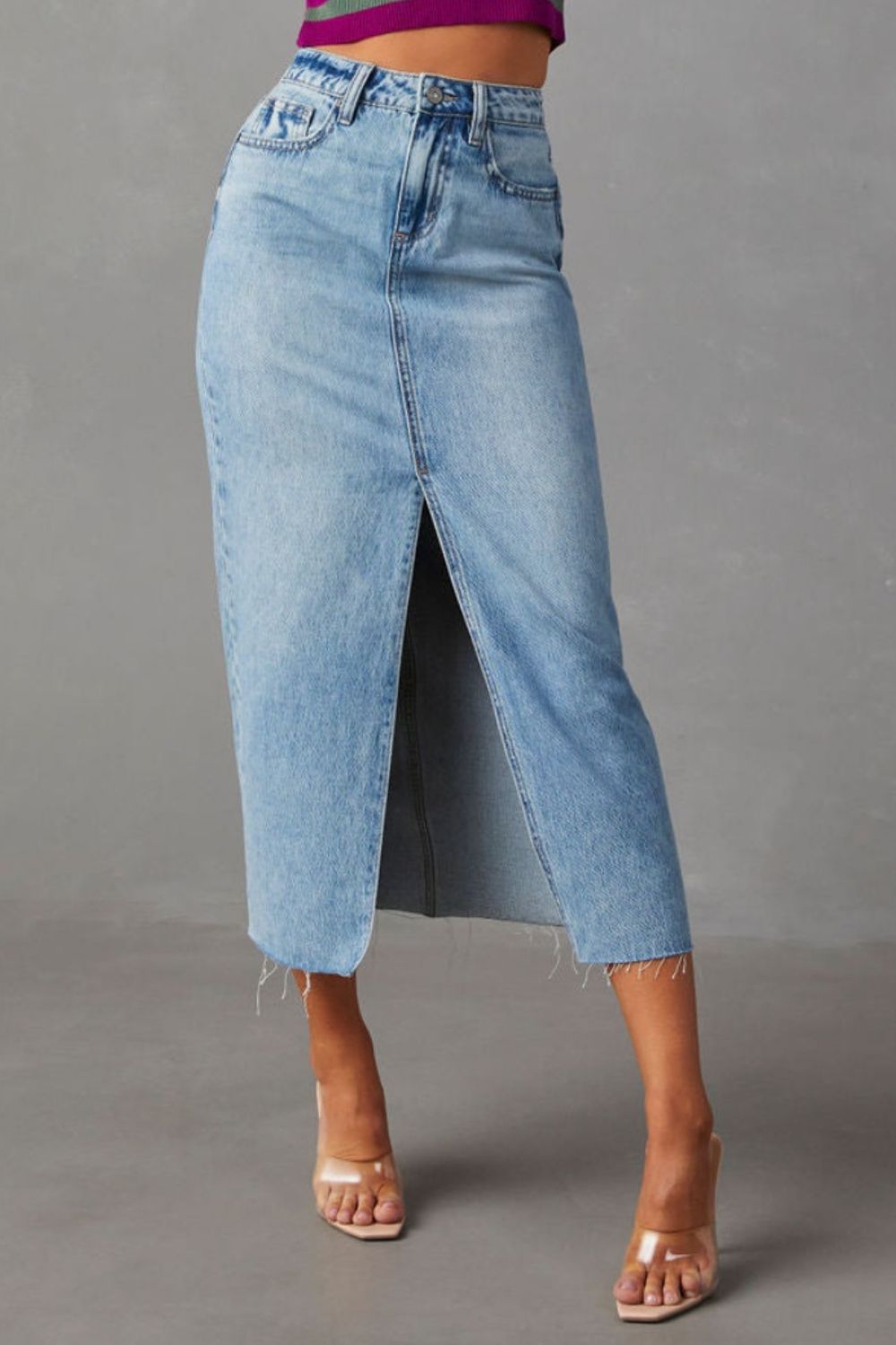 Slit Raw Hem Midi Denim Skirt-Angel Casuals