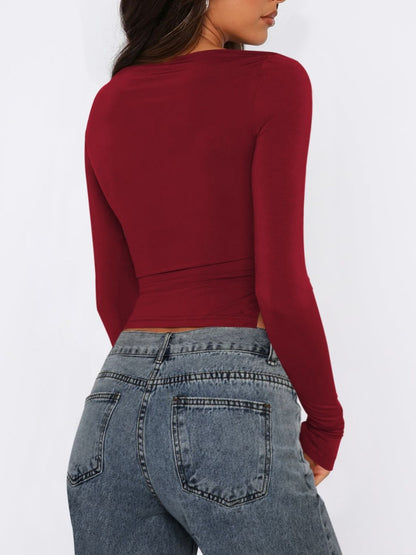 Tied Slit Round Neck Long Sleeve T-Shirt-Angel Casuals