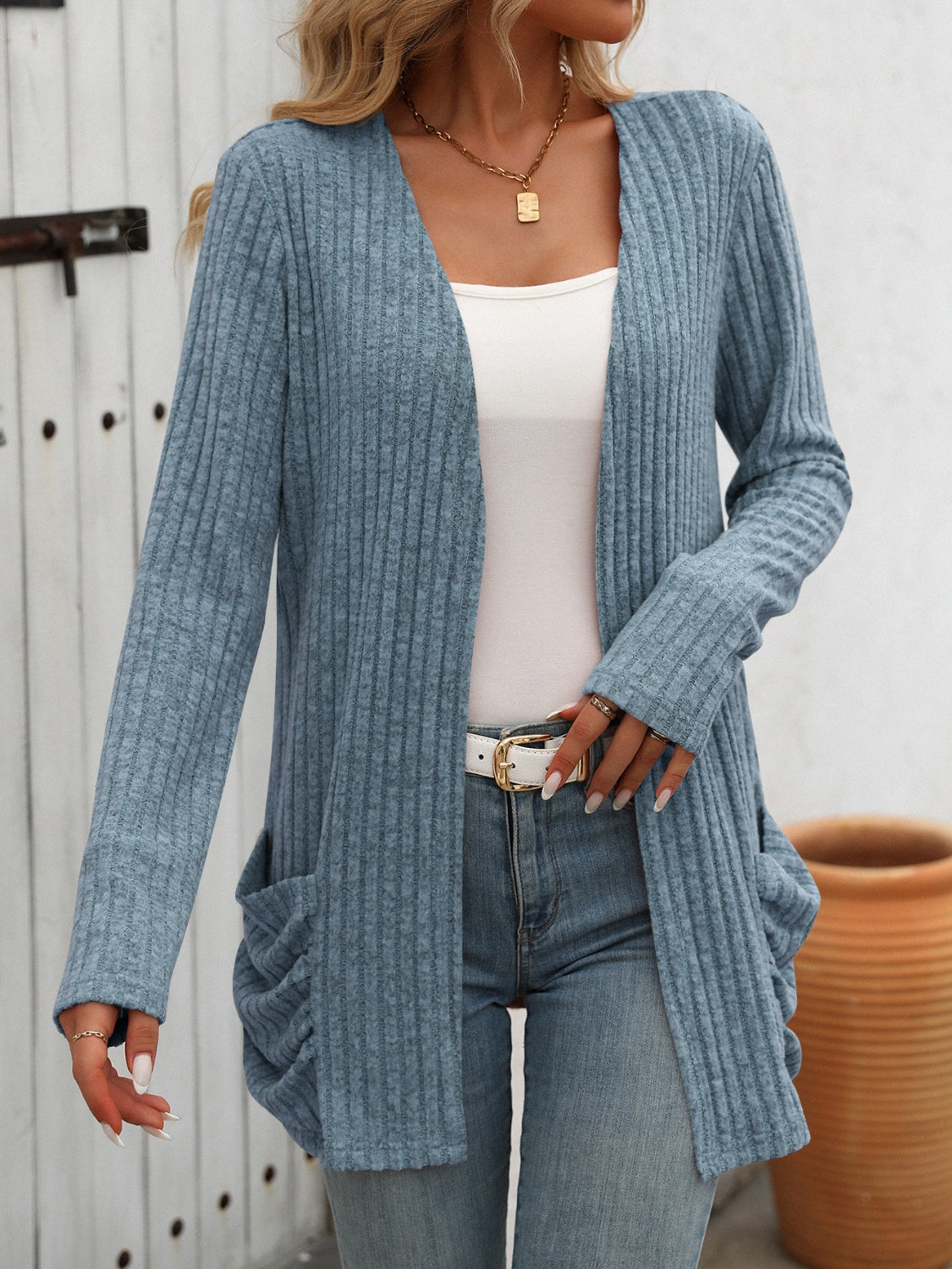 Mandy Open Front Long Sleeve Ribbed Cardigan-Angel Casuals