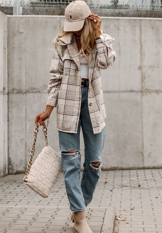 Plaid Removable Hood Button Up Shacket-Angel Casuals