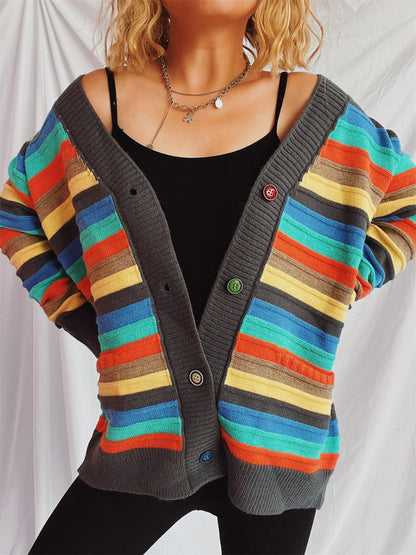 Contrast Stripes Button Up Long Sleeve Cardigan-Angel Casuals