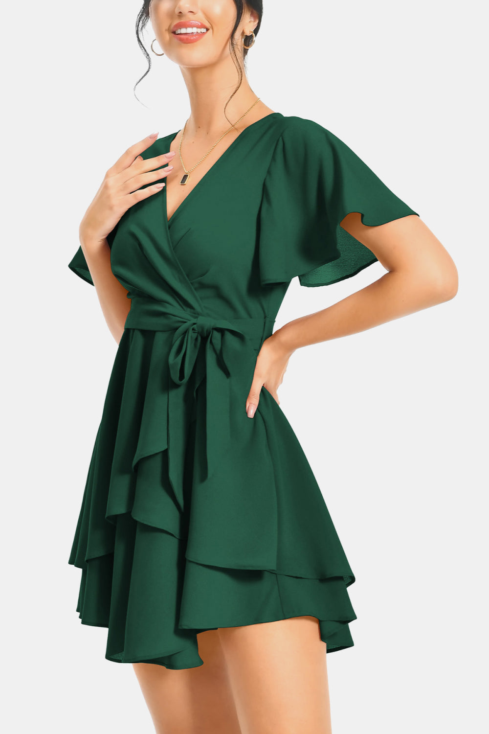 Surplice Neck Flutter Sleeve Dress-Angel Casuals