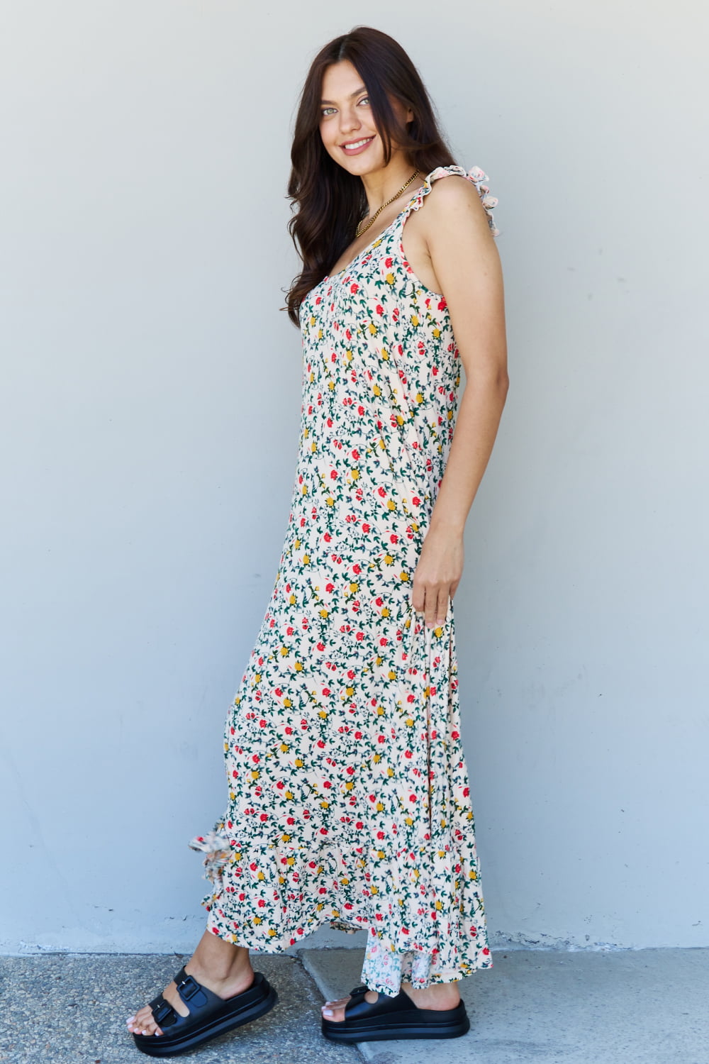 Doublju In The Garden Ruffle Floral Maxi Dress in Natural Rose-Angel Casuals