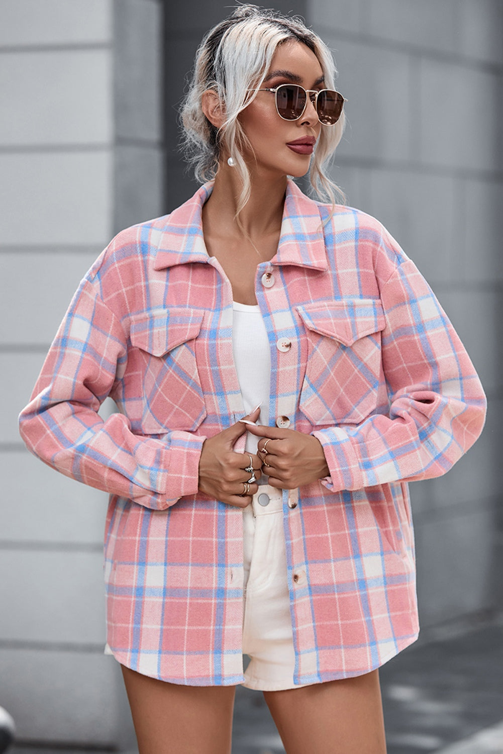 Plaid Pocketed Collared Neck Button Up Jacket-Angel Casuals