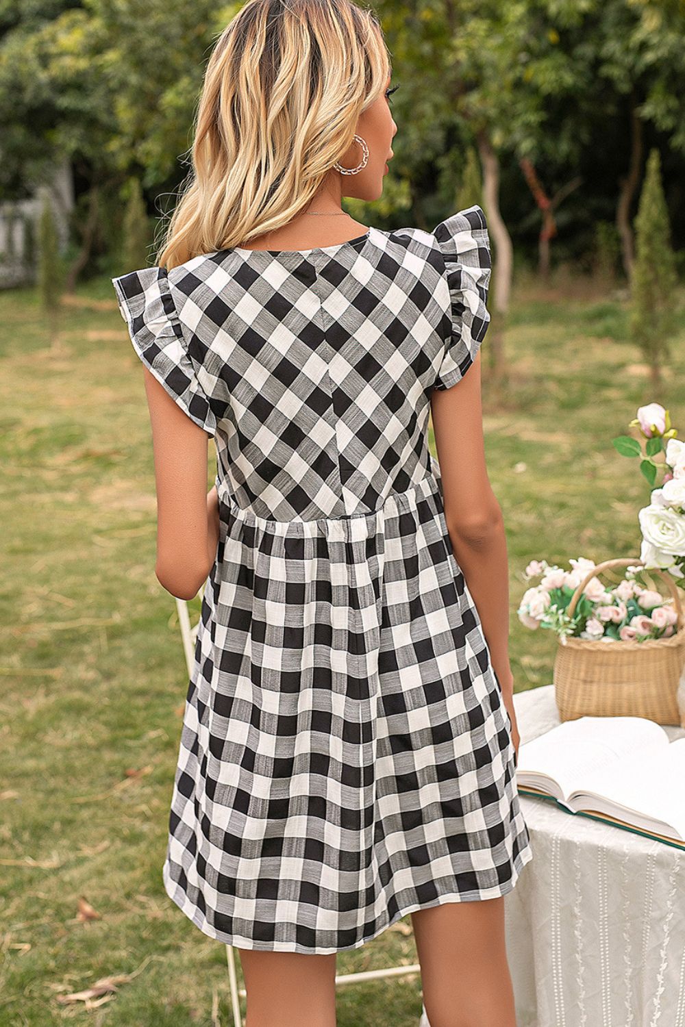 Plaid Butterfly Sleeve Deep V Dress-Angel Casuals