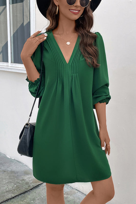 Ruched V-Neck Flounce Sleeve Dress-Angel Casuals