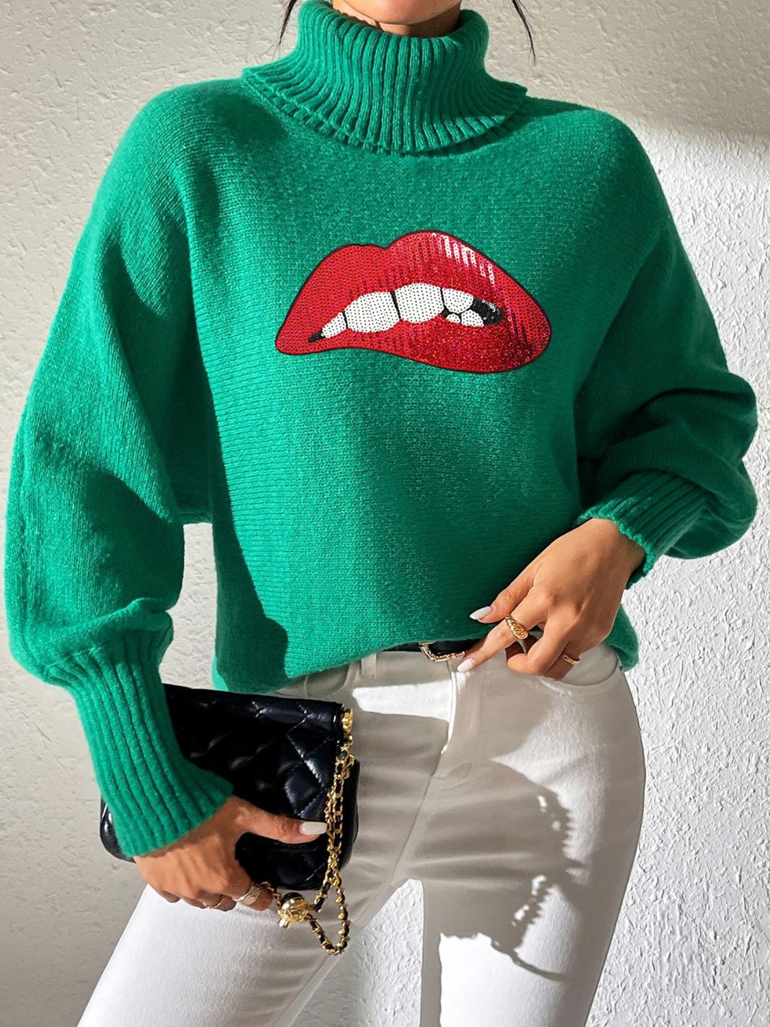 Lip Turtleneck Long Sleeve Sweater-Angel Casuals