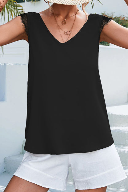 Lace Detail Eyelash Trim V-Neck Tank-Angel Casuals