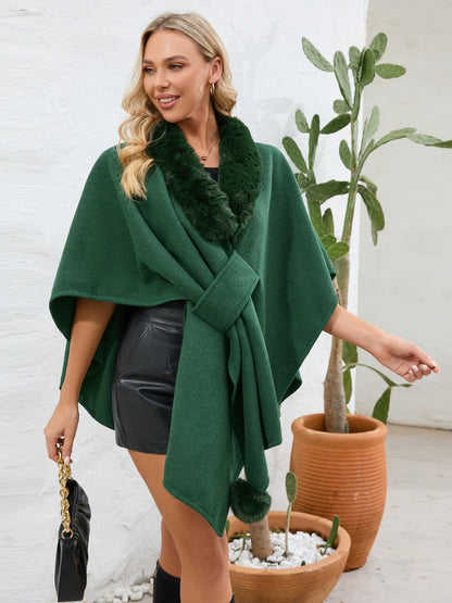 Fuzzy Trim Open Front Poncho-Angel Casuals