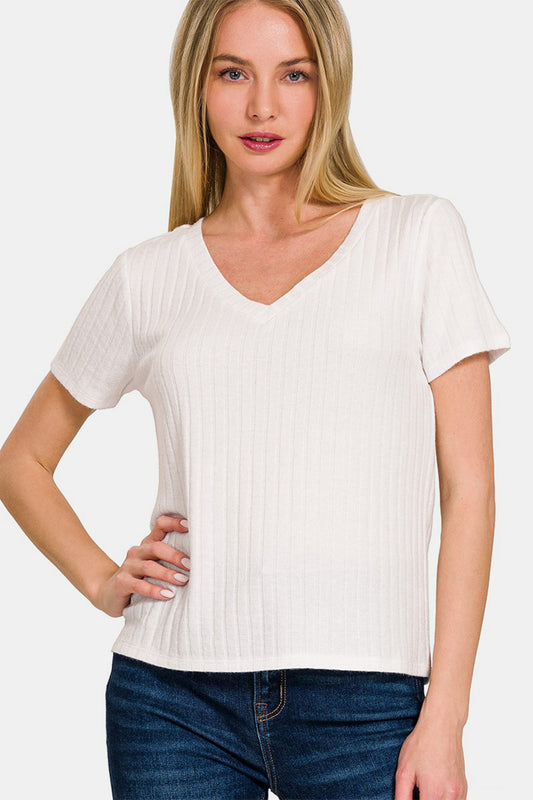 Zenana Ribbed Short Sleeve T-Shirt-Angel Casuals