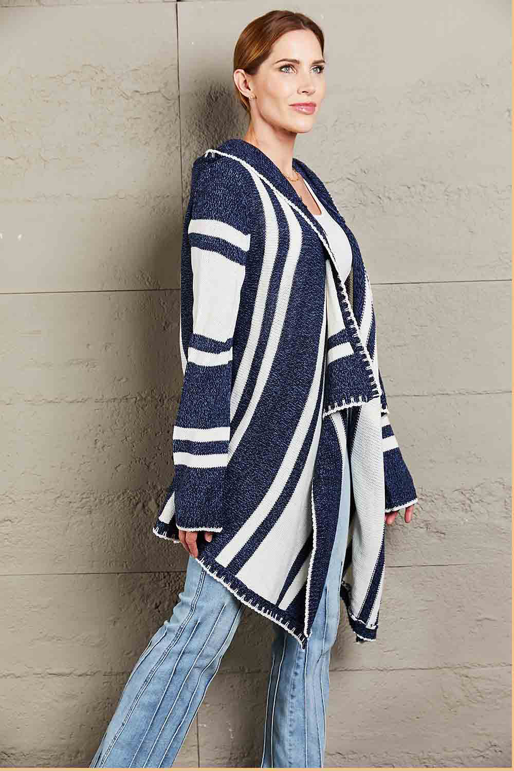 Woven Right Striped Open Front Hooded Cardigan-Angel Casuals