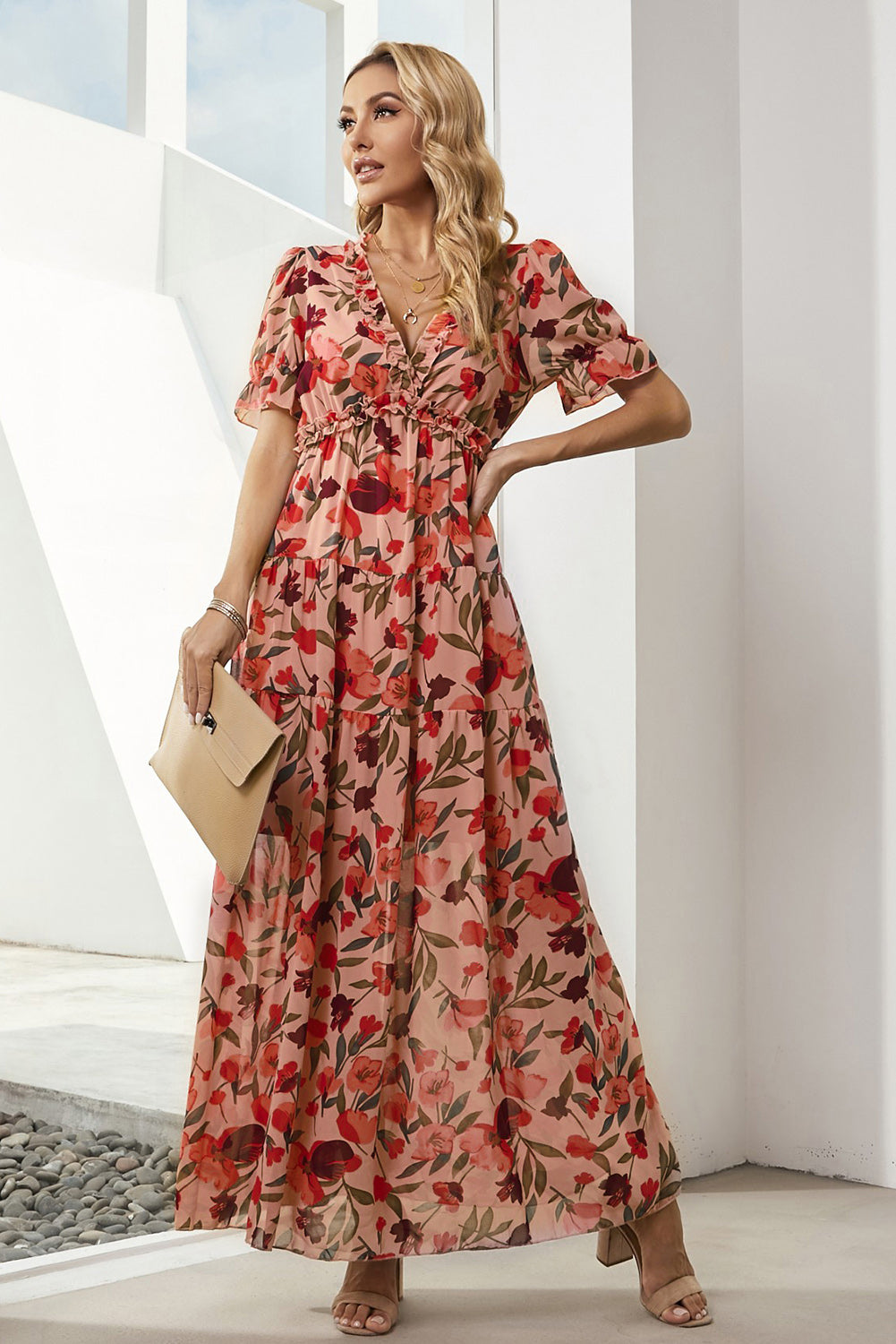 Floral V-Neck Short Flounce Sleeve Dress-Angel Casuals