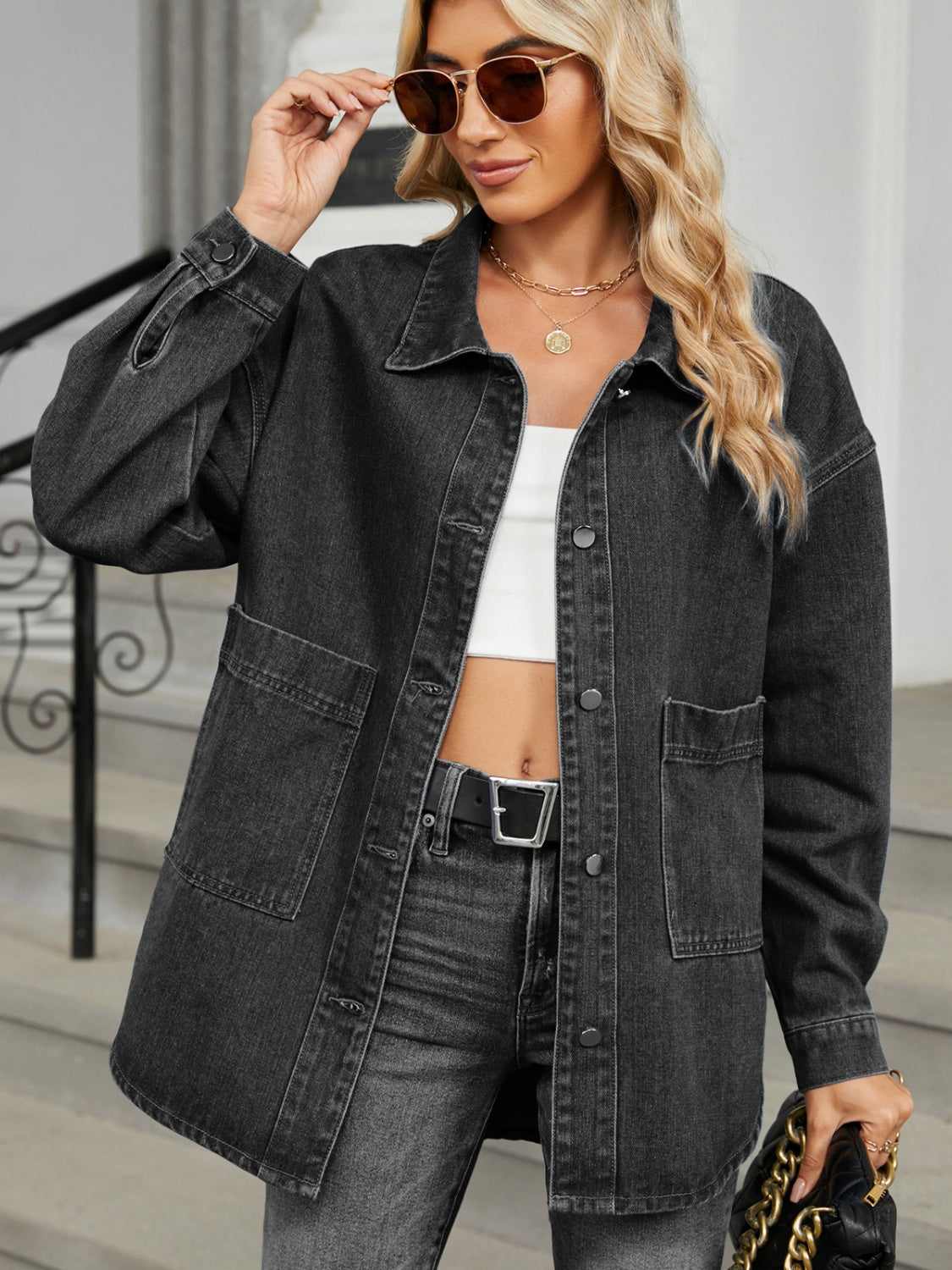 Removable Hood Button Up Long Sleeve Denim Jacket-Angel Casuals