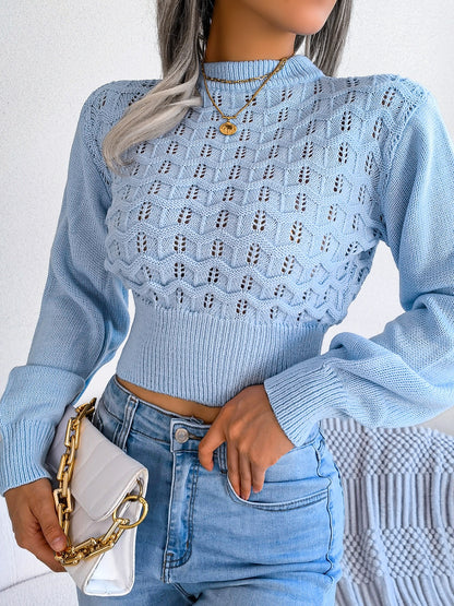 Openwork Mock Neck Long Sleeve Cropped Sweater-Angel Casuals