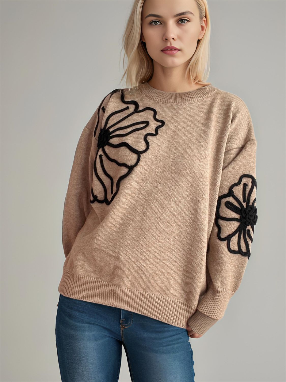 Flower Round Neck Long Sleeve Sweater-Angel Casuals