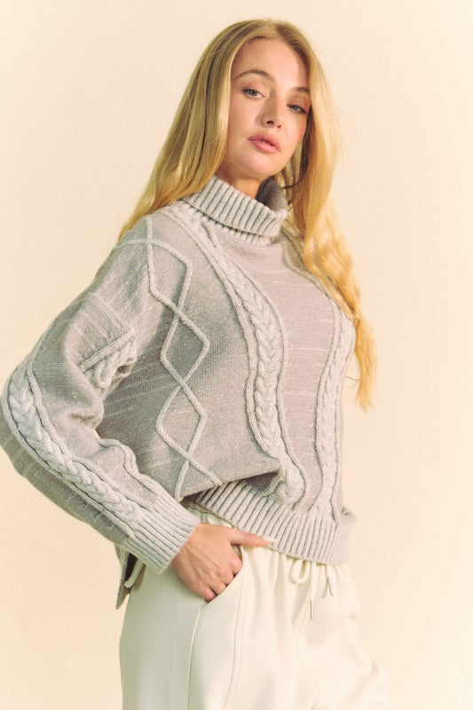 Davi & Dani Cable-Knit Turtleneck Dropped Shoulder Sweater-Angel Casuals