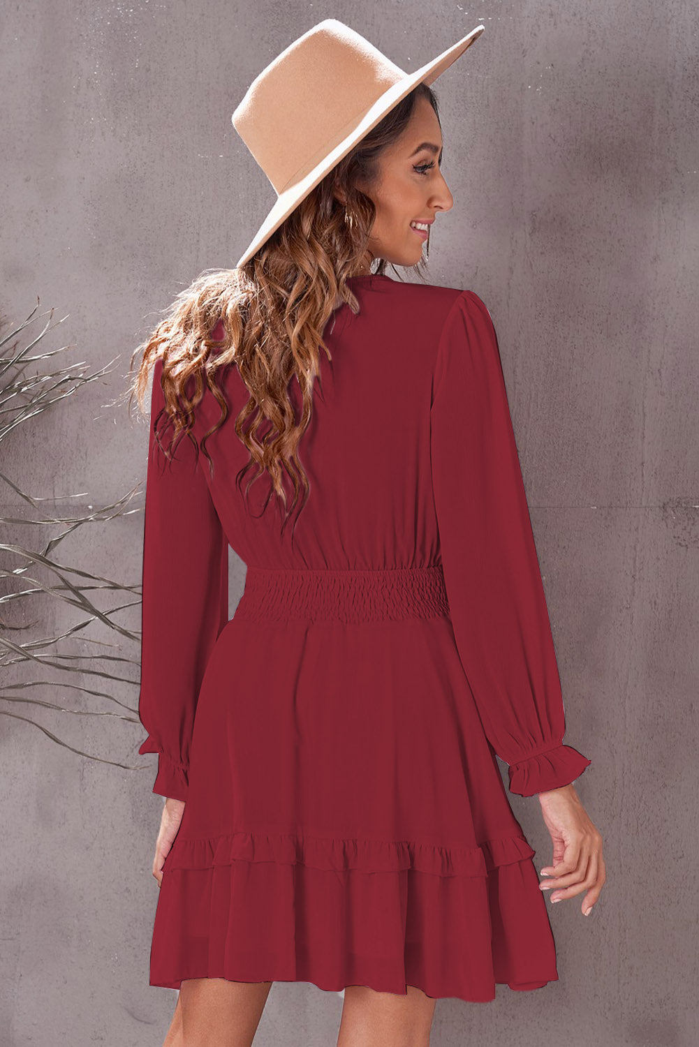 Tied Plunge Smocked Waist Flounce Sleeve Dress-Angel Casuals