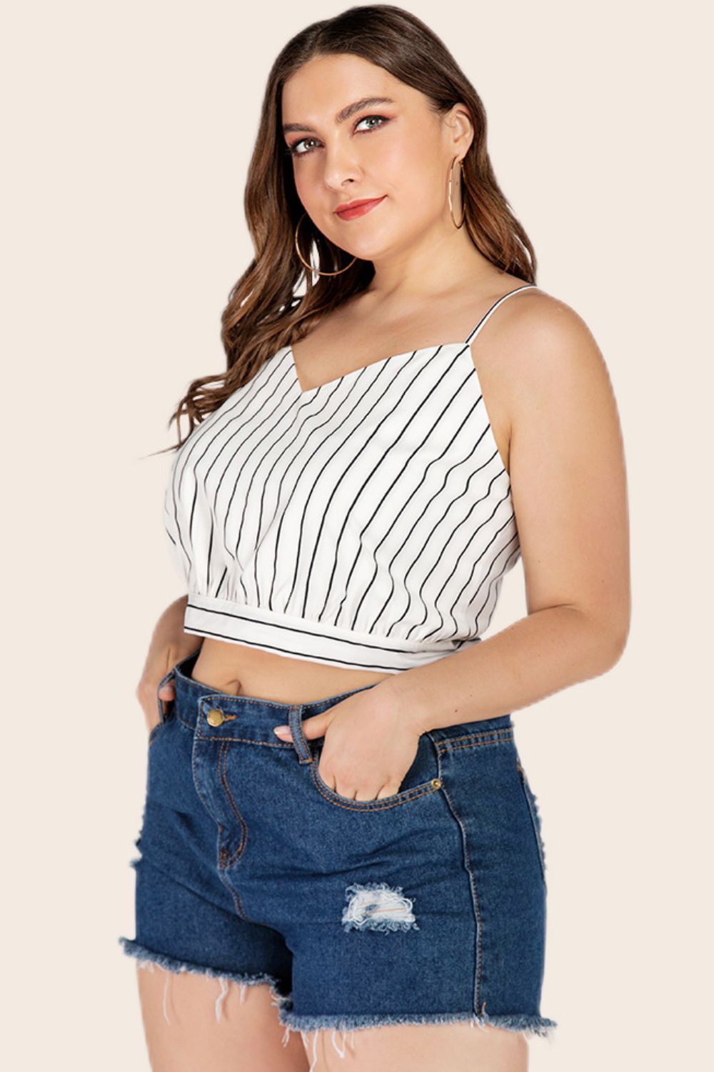 Plus Size Striped Tie-Back Cropped Cami-Angel Casuals