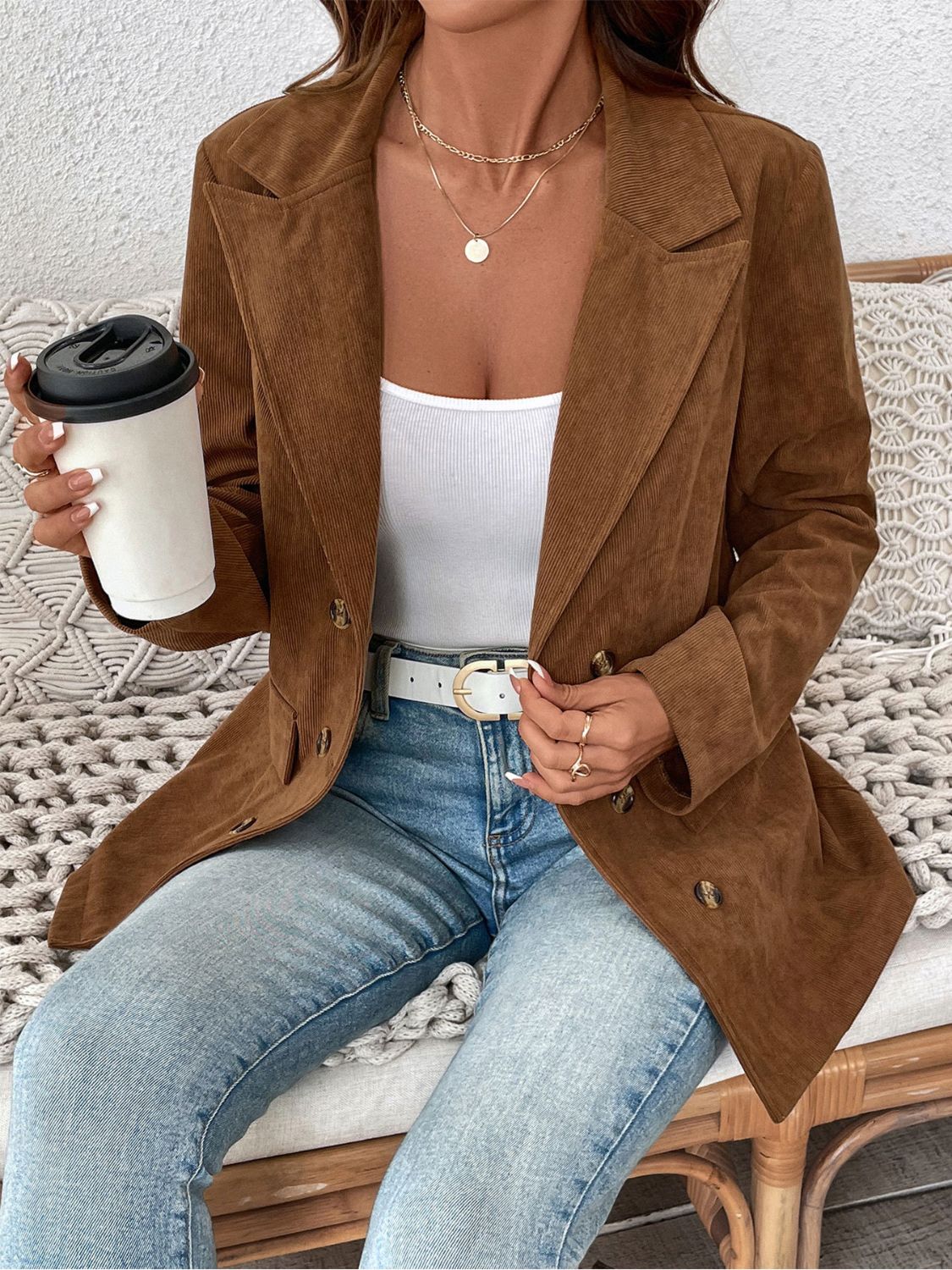 Perfee Decorative Pocket Flap Lapel Collar Long Sleeve Outerwear-Angel Casuals