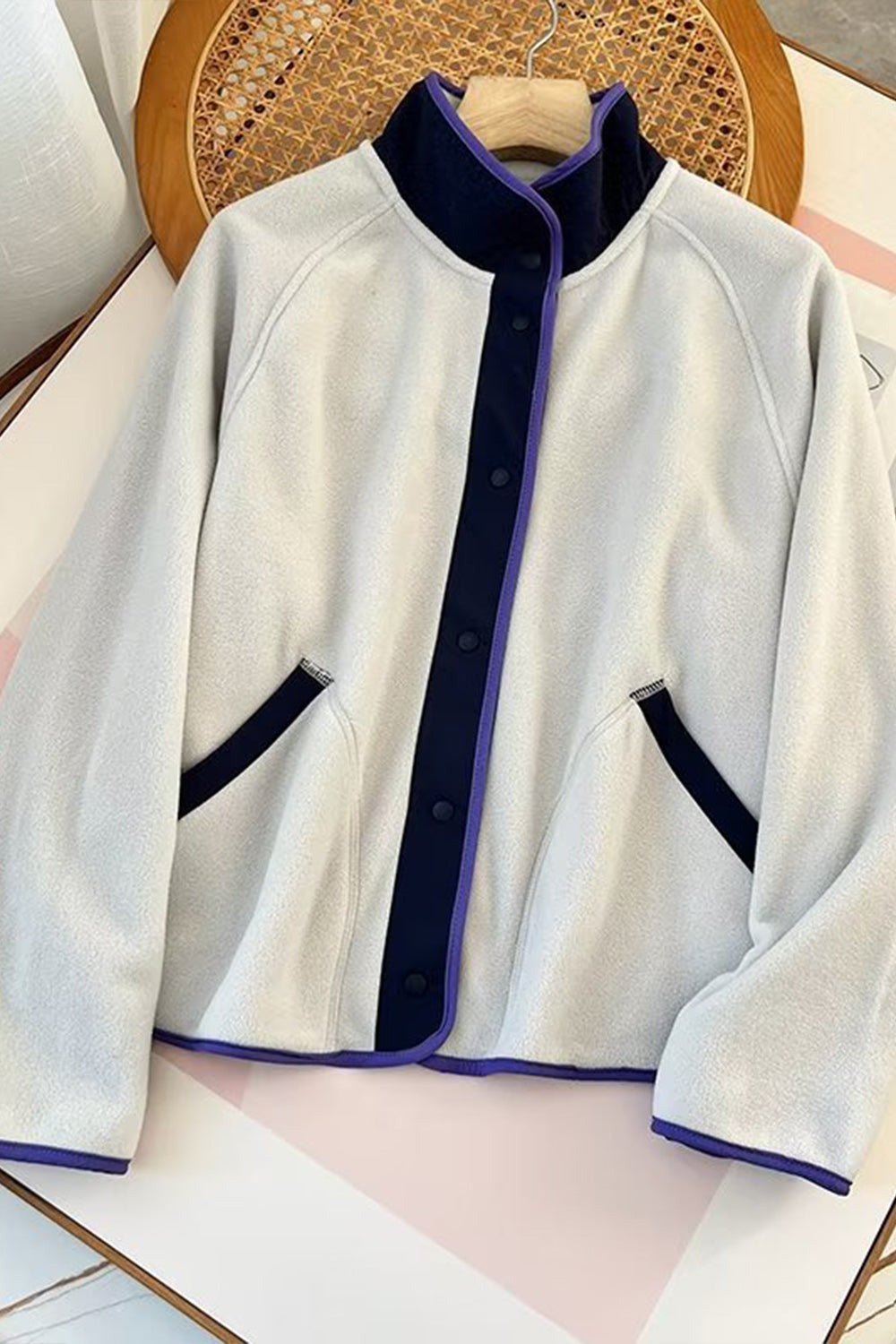 Double Take Snap Down Contrast Fleece Jacket with Pockets-Angel Casuals