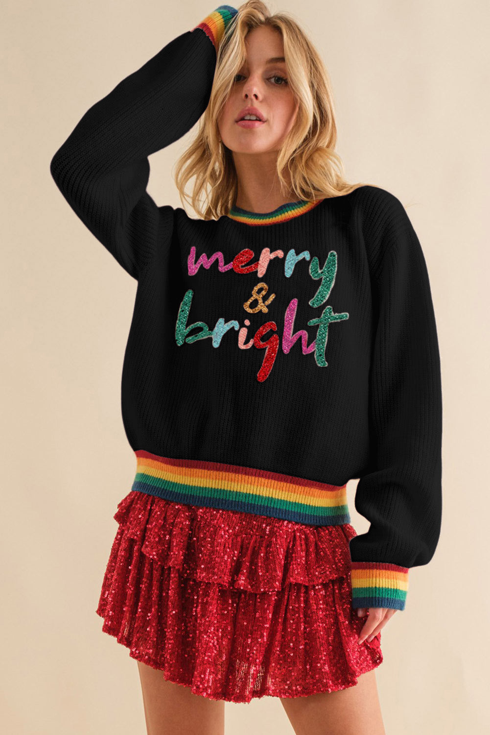 MERRY & BRIGHT Ribbed Round Neck Sweater-Angel Casuals