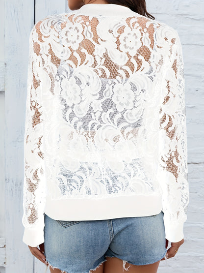 Sheer Lace Zip Up Long Sleeve Jacket-Angel Casuals