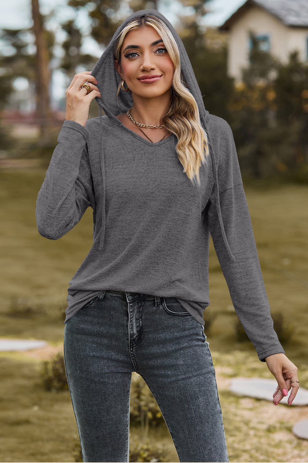 Drawstring Dropped Shoulder Hooded T-Shirt-Angel Casuals