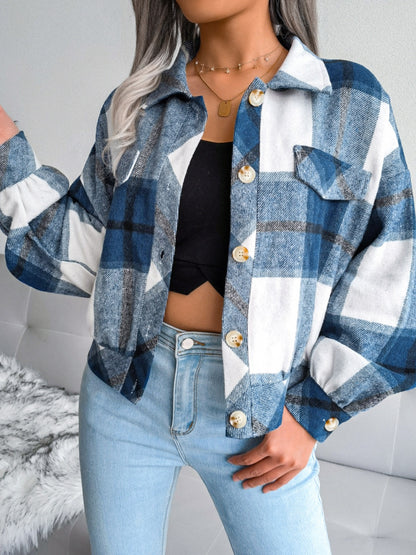 Plaid Collared Neck Long Sleeve Jacket-Angel Casuals