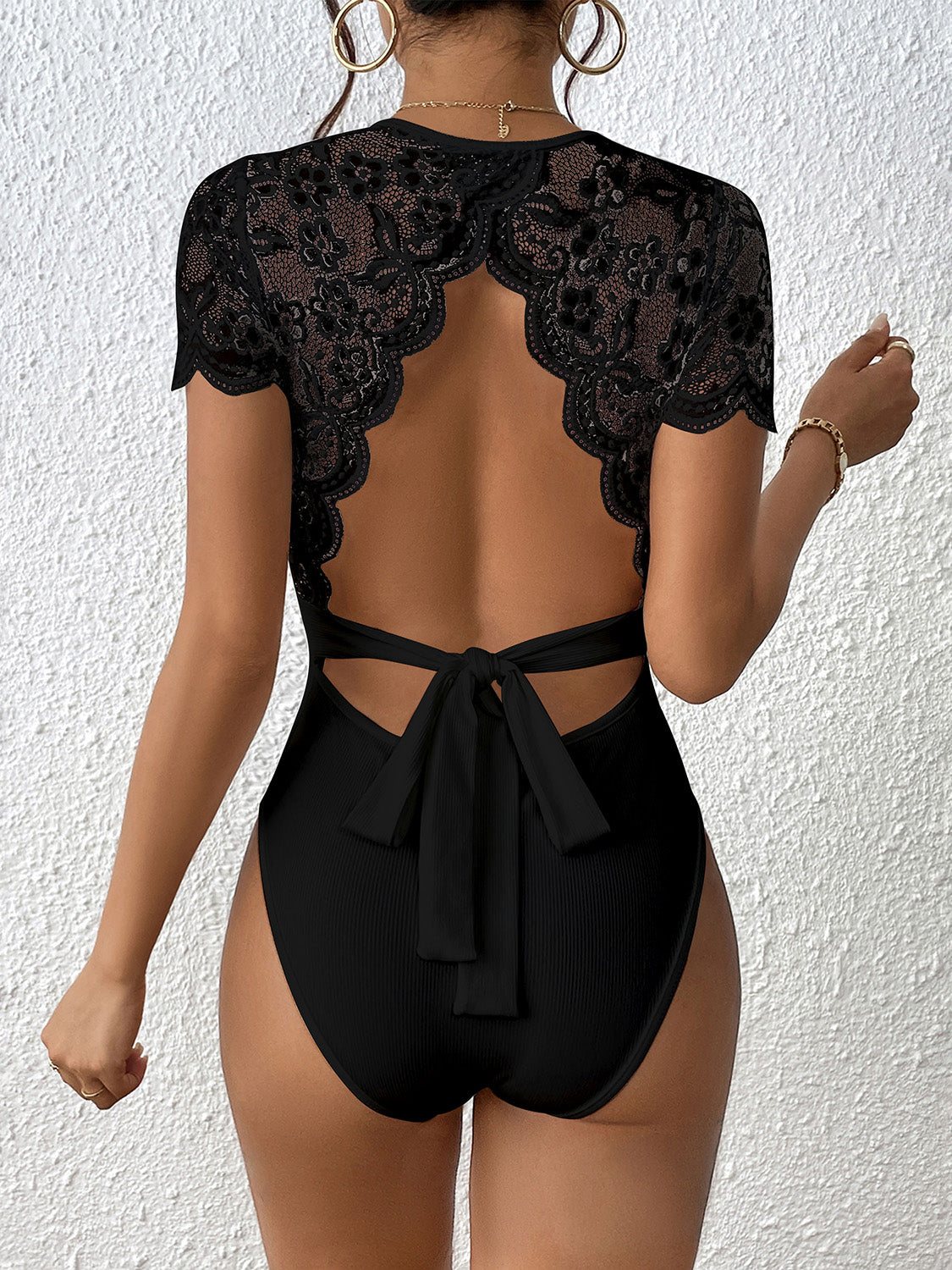 Lace Backless Round Neck Bodysuit-Angel Casuals