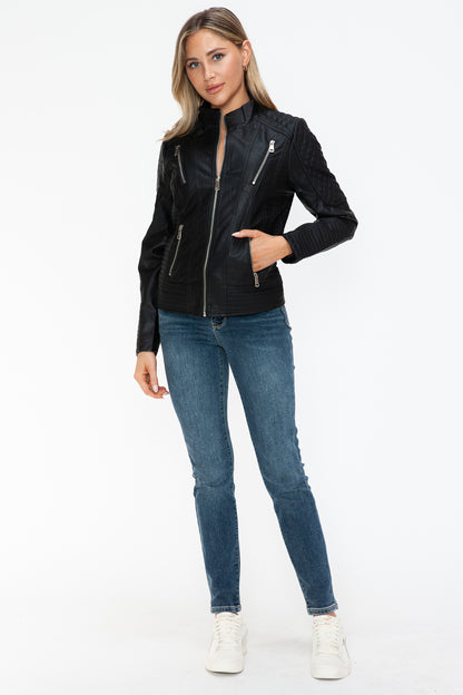 Snobbish Faux Leather Zip Up Mock Neck Jacket-Angel Casuals