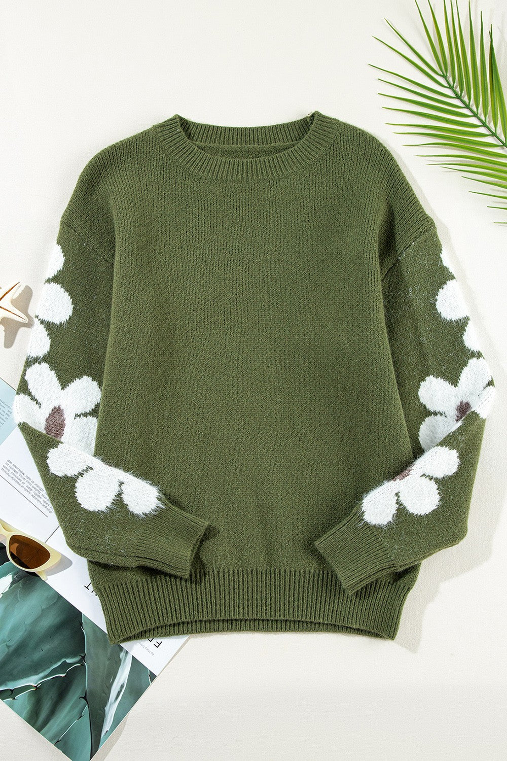 Flower Round Neck Long Sleeve Sweater-Angel Casuals