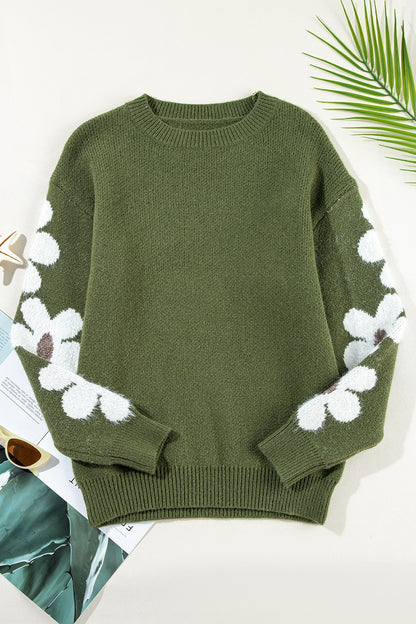 Flower Round Neck Long Sleeve Sweater-Angel Casuals