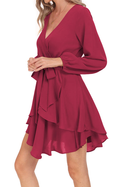 Tied Surplice Balloon Sleeve Layered Dress-Angel Casuals