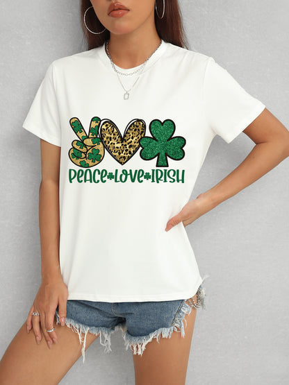 PEACE LOVE IRISH Round Neck Short Sleeve T-Shirt-Angel Casuals