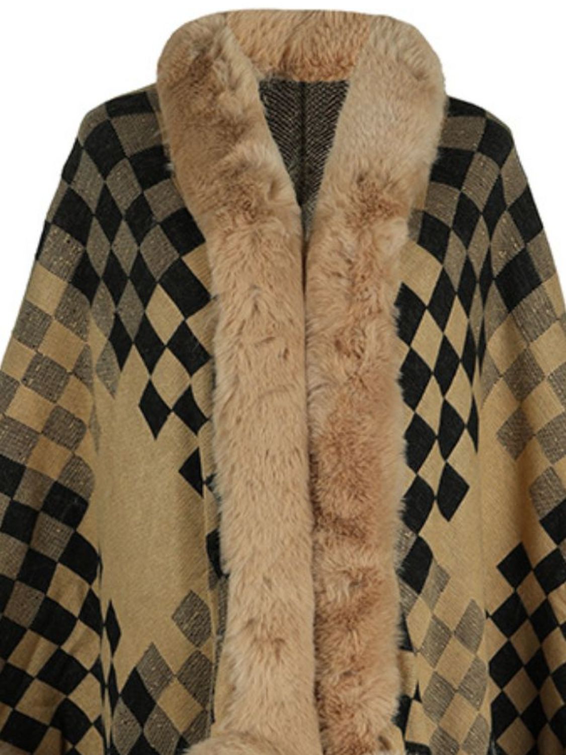 Fuzzy Checkered Long Sleeve Poncho-Angel Casuals