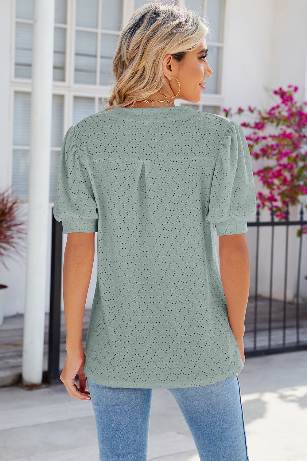 Eyelet Notched Puff Sleeve T-Shirt-Angel Casuals