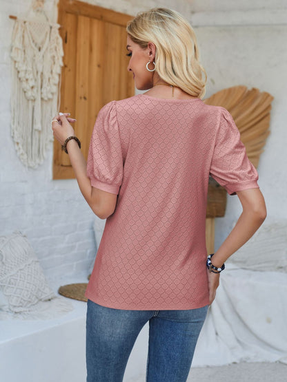Eyelet Asymmetrical Neck Short Sleeve T-Shirt-Angel Casuals