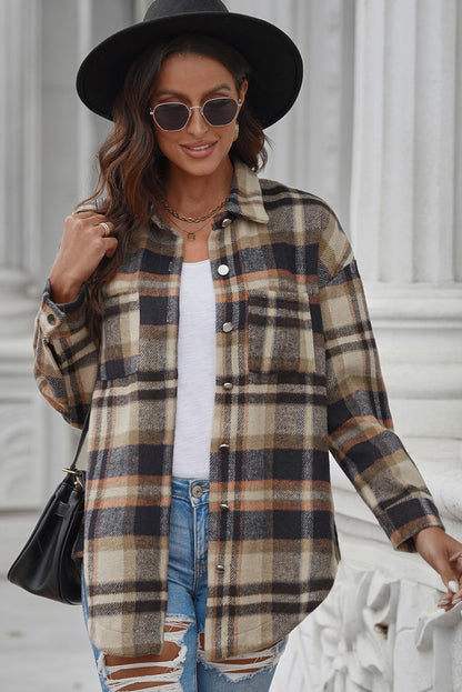 Plaid Curved Hem Dropped Shoulder Longline Shirt Jacket-Angel Casuals