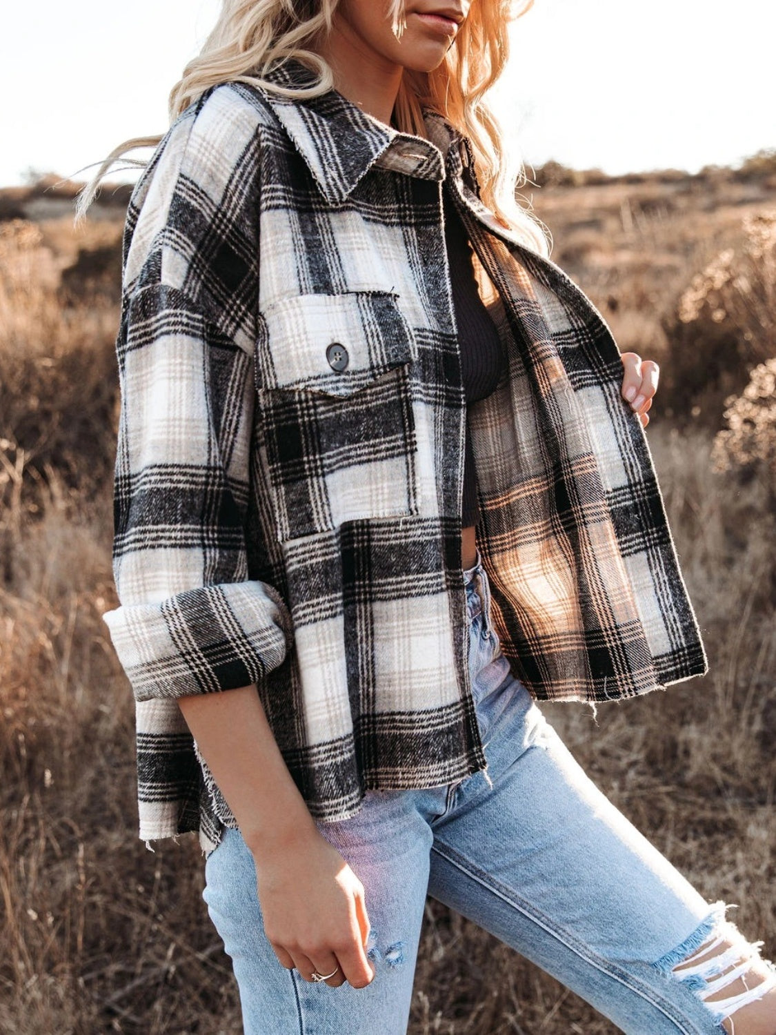 Pocketed Plaid Button Down Long Sleeve Shacket-Angel Casuals