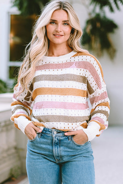 Openwork Striped Round Neck Long Sleeve Knit Top-Angel Casuals